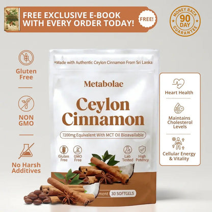A stand-up pouch of Metabolae Ceylon Cinnamon softgels, 30 count, displayed on a light gray background with promotional text and icons. The packaging is white and brown with illustrations of cinnamon sticks, star anise, and cloves.