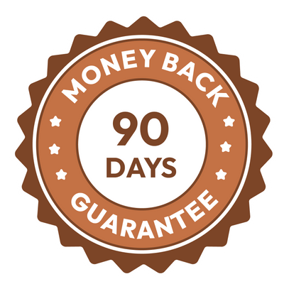 A circular brown and white 'Money Back 90 Days Guarantee' badge on a plain white background.